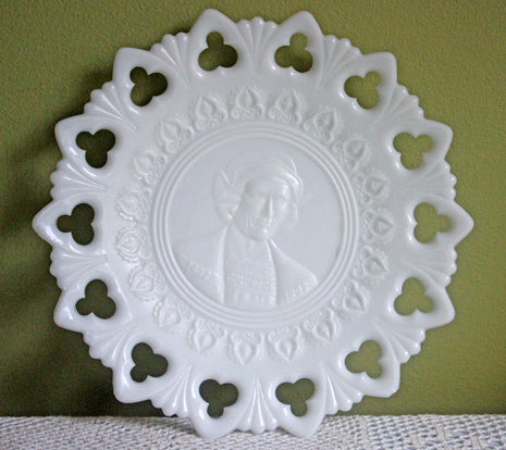Milk Glass Display Plate with Lacy Rim - Embossed Columbus