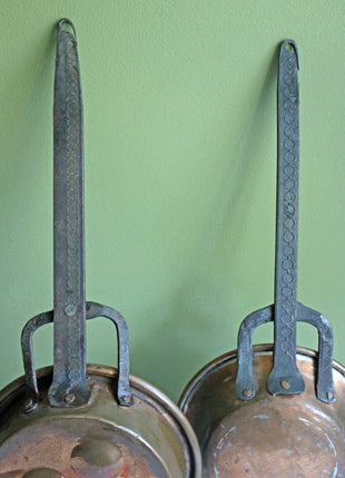 Two Antique Copper Frying Pans with Wrought Iron Handles