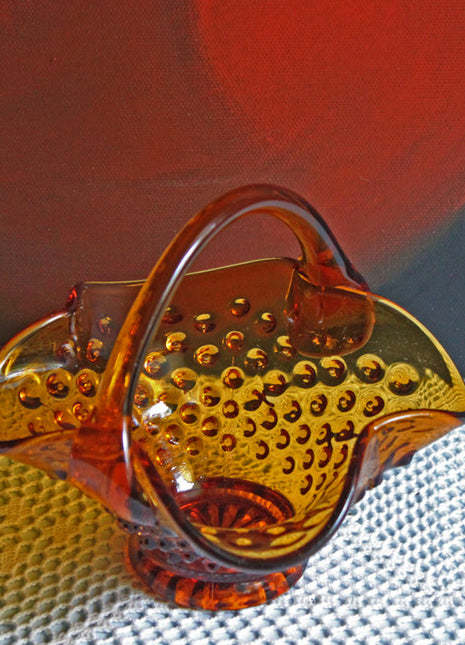 Depression Amber Glass Basket with Ruffled Rim & Hobnail Pattern