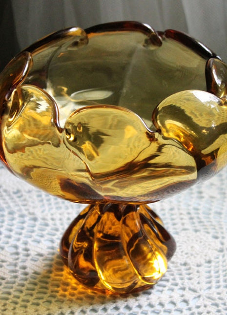 Candy Bowl. Amber Glass Footed Bowl. Pinched Rim Bowl or Compote with Scalloped Rim and Ornate Foot. Glass Art Home Decor.
