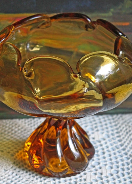 Candy Bowl. Amber Glass Footed Bowl. Pinched Rim Bowl or Compote with Scalloped Rim and Ornate Foot. Glass Art Home Decor.
