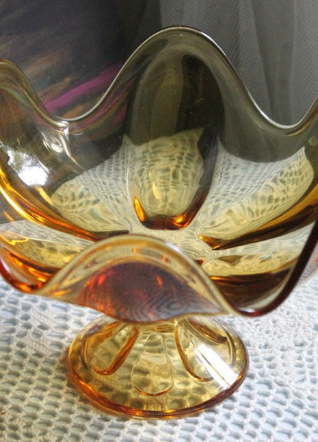 Candy Bowl.  Amber Glass Footed Bowl. Bowl or Compote with Scalloped Rim and Ornate Foot. Glass Art Home Decor.