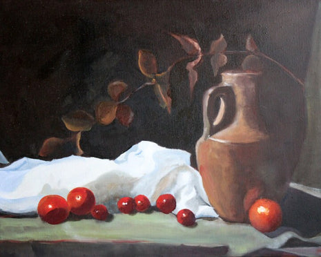 Original Still Life Oil Painting. Clay Vase, Fabric, and Fruit Painting. Rustic Style Painting for Home Decor.