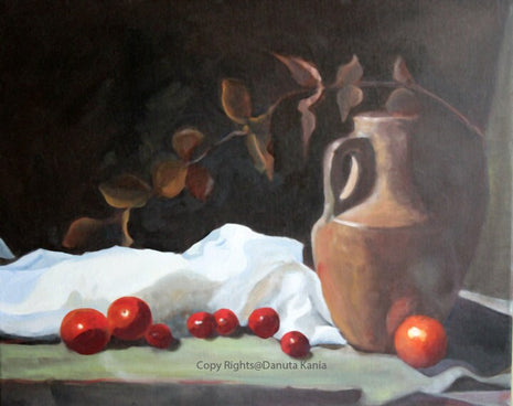 Original Still Life Oil Painting. Clay Vase, Fabric, and Fruit Painting. Rustic Style Painting for Home Decor.