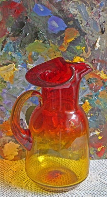 Glass Art Pitcher In Red and Amber Colors for Display or Serving Drinks