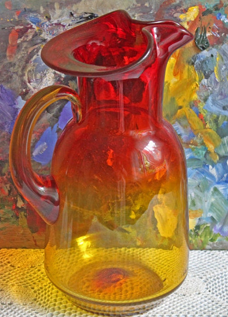 Glass Art Pitcher In Red and Amber Colors for Display or Serving Drinks