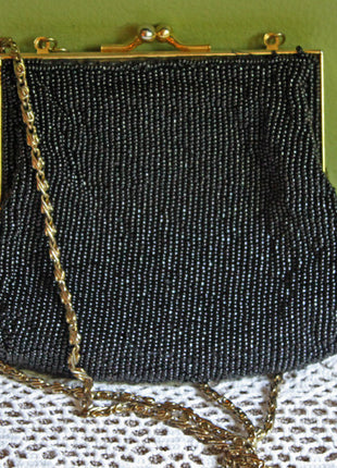 Vintage Purse Beaded Diamond Pattern Evening Purse with Black and Gold Beads