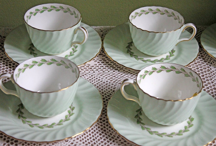 Minton Cups and Saucers / Four Tea Sets / Cheviot Green with Laurel Garland  / S503.