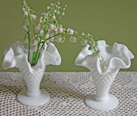 2 Fenton Milk Glass Vases with Graded Hobnail Pattern