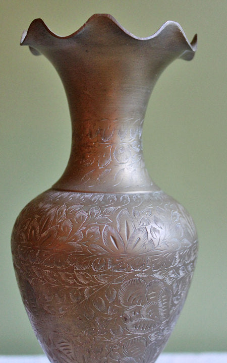 Tall Footed Brass Vase with Scalloped Rim and Intricate Etching