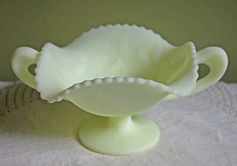 Fenton Custard Milk Glass Bowl with Handles and Scalloped Edge. Yellow Milk Glass Footed Square Bowl with Embossed Fruit.