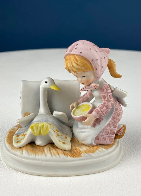 Porcelain Figurine by Lefton. Little Girl feeding Sick Goose. Cute Message: "Giving is Loving." Gift of Gratitude for a Friend/Partner.