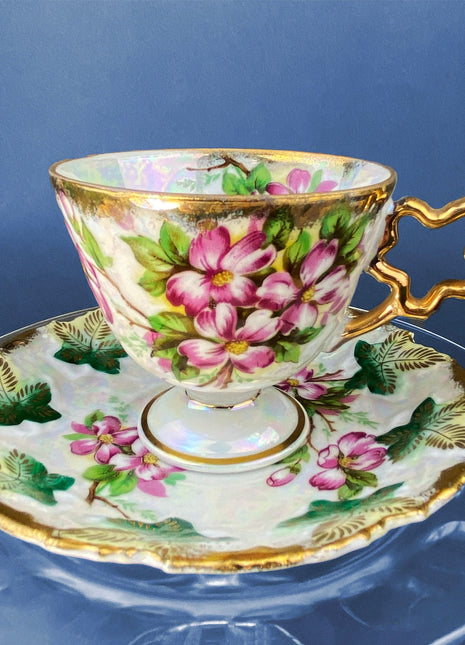 Vintage Metasco Tea Cup and Saucer. Made in Japan. Cherry Bossom Motif. Iridescent Background. Collectible Tea Set.