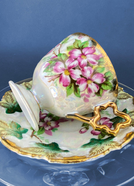 Vintage Metasco Tea Cup and Saucer. Made in Japan. Cherry Bossom Motif. Iridescent Background. Collectible Tea Set.